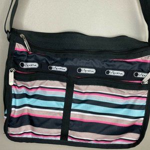 Le SportSac Stripe Black Pink Teal Print Shoulder Crossbody Bag Purse